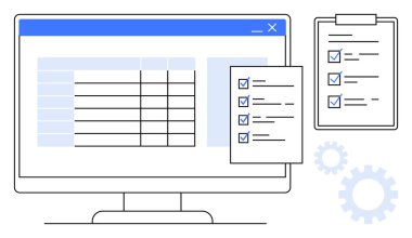 Hesap cetveli, pano ve kontrol işaretli görev listeleriyle birlikte bir masaüstü ekranı. Organizasyon, üretkenlik, iş akışı, planlama, sistemler, görev tamamlama ve analiz için ideal