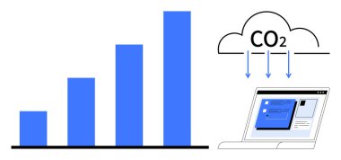 Karbondioksit etiketli bulut ve okların yanı sıra yukarı doğru büyümeyi gösteren bar grafiği bir web sayfasını işaret ediyor, teknolojiyi, sürdürülebilirliği, yeniliği, karbon ayak izini, çevreyi, temiz teknolojiyi vurguluyor