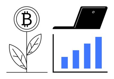 Teknoloji, finans ve iş temaları için bir dizüstü bilgisayar ve bar grafiği ile eşleştirilmiş dijital para birimi büyümesini sembolize eden Bitcoin fabrikası. Yatırım, yenilik, kripto para birimi, ticaret ve fintech için ideal