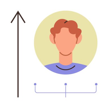 Yuvarlak bir çerçevede insan yüzü, yukarı doğru ok ilerlemeyi simgeliyor, aşağıdaki noktalı bağlayıcılar. Liderlik, kariyer büyümesi, kalkınma, başarı, motivasyon, kendini geliştirme eğitimi için ideal