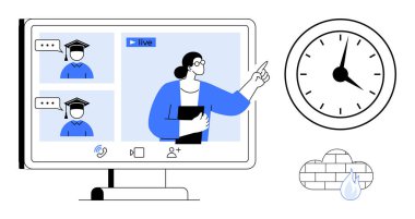 Bilgisayar, duvar saati, bulut ve düşüş derslerinde sanal öğrencilere sunum yapan öğretmen. Eğitim, e-öğrenim, uzak çalışma, iletişim, dijital eğitim webinarı için ideal