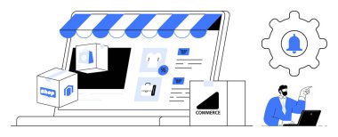 Depo elemanları, nakliye kutuları, pazarlama araçları ve dizüstü bilgisayarda çalışan bir kullanıcı olan bir dizüstü bilgisayarda çevrimiçi mağaza arayüzü. E-ticaret, pazarlama, nakliyat, perakende, teknoloji alışverişi için ideal