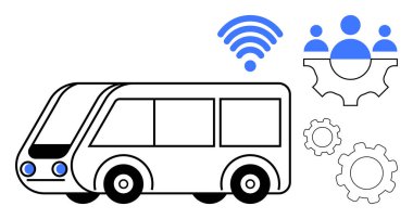 Kablosuz sinyalli modern otobüs, işbirlikçi ağ sembolü ve inovasyonu, akıllı hareketliliği ve bağlantıyı vurgulayan vitesler. Ulaşım, takım çalışması, teknoloji, şehir planlaması için ideal