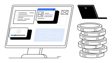 Mobil cihazlı ve birikmiş paralarla dijital içeriği gösteren masaüstü ekranı. Finans, e-ticaret, teknoloji, dijital ekonomi, verimlilik, online araçlar ve finansal planlama için idealdir. Basit düz