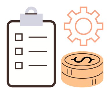 Kontrol listesi panosu, teçhizat ve madeni paralar organizasyonu, iş akışını, para yönetimini sembolize eder. İş, planlama, strateji bütçesi üretkenlik süreci optimizasyonu için idealdir. Basit bir daire.