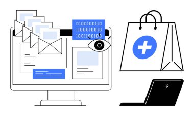 Computer displaying emails, coding, and data analysis, alongside shopping bag and laptop. Ideal for digital transformation, online shopping, e-commerce, technology, cybersecurity communication clipart svg vector 