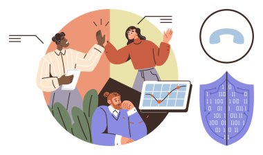 Uzmanlar büyüme ölçümlerini tartışıyor, ilerlemeyi kutluyor, dijital kalkan tarafından korunuyor. İletişim ve analizler başarı için birleşir. Takım çalışması, büyüme, analiz ve güvenlik için ideal