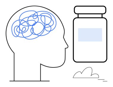 Kafa hatları, beyinde soyut dolambaçlı çizgiler ve yakınlarda bir ilaç şişesi var. Zihinsel sağlık, tedavi, terapi, sağlık, stres, anksiyete, yenilik kavramları için idealdir. Basit düz