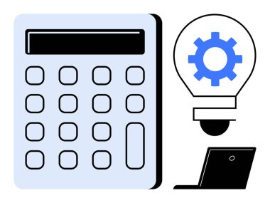 Ampulün yanında ekipman ve dizüstü bilgisayarla birlikte teknoloji, problem çözme, yaratıcılık ve iş verimliliğini sembolize ediyor. Finans, eğitim, yenilik, üretkenlik ve teknoloji için ideal