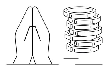 İnanç, sadaka ve finansal ahenk temalarını vurgulayan madeni paraların yanında dua ederken ellerini kenetledi. Din, minnettarlık, hayırseverlik, zenginlik, bağış, maneviyat için ideal