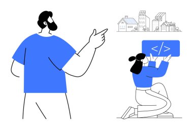 Kadın kodlama üzerinde çalışırken erkek çevre dostu altyapıyı işaret ediyor. Takım çalışması, teknoloji, kodlama, sürdürülebilirlik, topluluk, işbirliği, eğitim, basit iniş sayfası için ideal