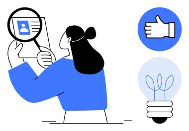 Baş parmaklar ve ampullerin yanında, büyüteçle belgeyi inceleyen bir kadın. Analiz, onay, fikirler, araştırma, veri incelemesi, karar verme, basit iniş sayfası için ideal