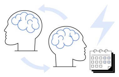 Oklarla, yıldırımlarla ve fikir transferini, takım çalışmasını, planlama ve yenilikleri simgeleyen takvimle birbirine bağlı iki insan profili. Beyin fırtınası, verimlilik, eğitim için ideal