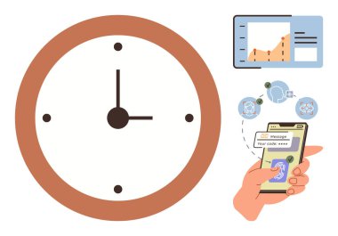 Duvar saati, analitik çizelge, sohbet baloncukları ve güvenli mesajla el ele tutuşmalar. Zaman, verimlilik, güvenlik, iletişim takip organizasyonu dijital araçları için idealdir. Basit düz