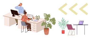 Bilgisayarlar üzerinde çalışan ortak masa, modern dekor saksı bitkileri ve ofis sandalyeleri de dahil. Takım çalışması, üretkenlik, modern çalışma alanı, işbirliği, uzaktan çalışma, işyeri tasarımı için ideal