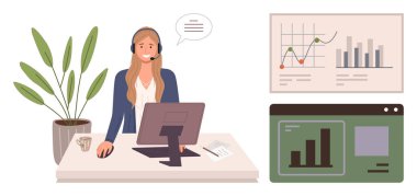 Masaüstü bilgisayarında çalışan kulaklık takan kadın destek ajanı. Grafikler ve çizelgeler ekranda. Müşteri hizmetleri, iletişim, uzaktan çalışma, iş analizi, ofis verimliliği, takım için ideal