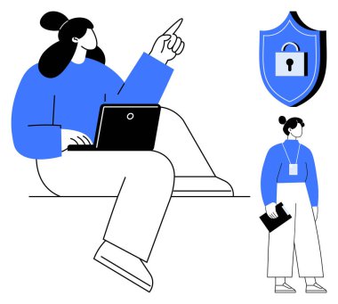 Dizüstü bilgisayar kullanan bir kadın, yukarı doğru hareket eden, siber güvenliği vurgulayan asma kilidi olan bir kalkan, klasör tutan başka bir kişi. Teknoloji, güvenlik, ağ oluşturma, eğitim ve yenilik için ideal takım çalışması