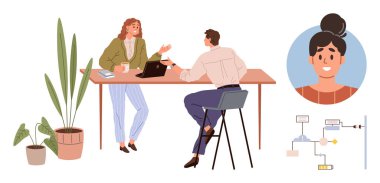 İki meslektaş ortak bir masada dizüstü bilgisayarla, ev bitkileriyle, bir çizelge sergilenen çalışma akışlarıyla ve bir video katılımcısıyla sohbet ediyorlar. Takım çalışması, işbirliği, uzaktan çalışma ve süreç için ideal