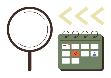 Yeşil takvimin yanında büyüteç, görev vurgusu ve arka oklarla. Araştırma, odaklanma, organizasyon, planlama, planlama, zaman yönetimi, verimlilik için ideal. Basit düz metafor