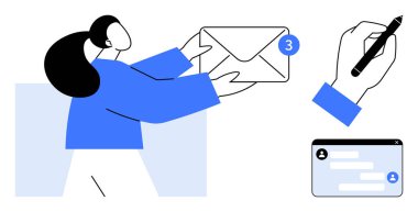 Bildirim simgesi olan bir zarf tutan kadın, kalemle el yazısı ve sohbet arayüzü açık. E- posta, iletişim, mesaj, bildirim, verimlilik, organizasyon için ideal