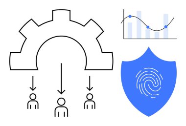 İşlemleri bireylere yönlendiren dişli sembolü, veri güvenliğini temsil eden parmak izli kalkan ve analitik grafik. Takım çalışması, yenilik, dijital güvenlik, siber güvenlik, analiz için ideal