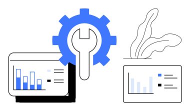 Vites ve anahtar, çubuk grafikleri ve çizgi grafikleri olan iki veri torpidosu arasında ortalanmış. Analiz, optimizasyon, verimlilik, yönetim, performans izleme, strateji, basit düz metafor