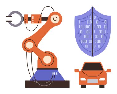 Robot kol, kalkan gösterici ikili kod ve otomasyon, güvenlik ve yeniliği temsil eden bir araba ile hareket halinde. Teknoloji, imalat, siber güvenlik, robot bilimi, yapay zeka, otomotiv için ideal.
