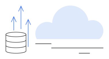 Bulut, veri depolama veritabanı, okların veri transferini ya da büyümesini göstermesi. Bulut hesaplama, veri göçü, sunucu depolama, teknoloji iş akışı, ağ oluşturma, verimlilik, basit düz metafor