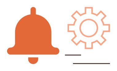 Komşu dişli sembolü ve yatay çizgileri olan turuncu çan simgesi bildirim, sistem yapılandırmaları, güncellemeleri önerir. Ayarlar, uyarılar, UX, teknoloji, hatırlatıcılar, basit düz işlemler için ideal