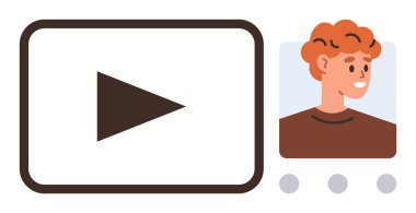 Dikdörtgenin içinde oynat düğmesi, yanında kızıl saçlı kullanıcı avatarı, altında üç yön bulma noktası var. Yayın, video eğitimi, içerik paylaşımı, özel dersler, medya platformları, çevrimiçi için ideal