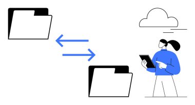 Dosya dizinleri oklarla bağlandı, tabletli kadın karakter ve bulut simgesi renklendirme veri değişimi ve bulut servisi. Bulut depolama, veri senkronizasyonu, dijital transfer, takım çalışması ve yenilik için ideal