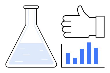 Sıvı ellerle dolu bir laboratuvar şişesi, bilimsel araştırma, analiz, geri bildirim, veri değerlendirmesi, büyüme, onay verme ve karar verme mekanizmasını gösteren mavi çizelge. Eğitim için ideal