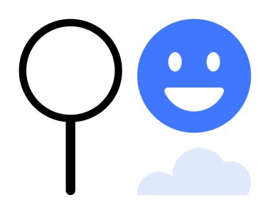 Mavi mutlu bir yüz ve bulutun yanında büyüteç. Arama için ideal, pozitiflik, berraklık, gelecek görüşü, kendini keşfetme, hayal gücü, basit iniş sayfası