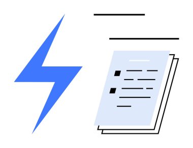 Belge yığınının yanında yıldırım çarpması hız, verimlilik ve enerjiyi simgeler. Üretkenlik, evrak işleri, teknoloji, yenilik, otomasyon iş akışı zaman yönetimi için idealdir. Basit.