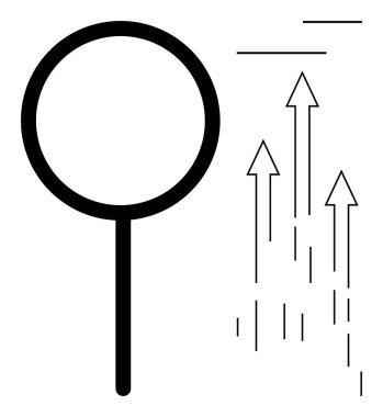 Yuvarlak büyüteç, yukarı bakan oklar, odak, büyüme, analiz, keşif ve ilerlemeyi sembolize ediyor. Veri görselleştirme, araştırma, başarı yenilik geliştirme planı için idealdir. Basit.