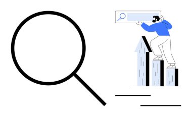 Arama ikonu taşıyan bir kişinin yanında büyüteç. Keşif, büyüme, ilerleme, analiz, keşif, strateji, veri içgörüsü için idealdir. Temiz, düz metafor