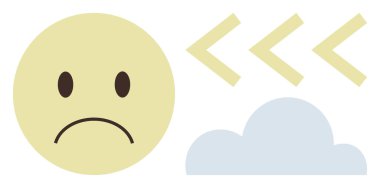 Üzgün yüz, kahverengi gözler, kıvrık ağız, soluk bulut ve geriye doğru hareket eden üç ok. Üzüntü, akıl sağlığı, olumsuzluk, pişmanlık, duygusal geri bildirim ve ruh hali için idealdir. Basit düz