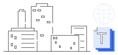 Şehir binaları bir dünya ve metin dosya ikonunun yanına çizilmiş. Ticaret, kentsel planlama, teknoloji, küreselleşme, uzaktan çalışma, dijital çözümler, basit iniş sayfası için ideal