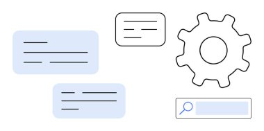 İşlem otomasyonunu temsil eden vites, iletişim için metin kutuları ve bilgi almak için arama çubuğu. Teknoloji, iş akışı, iletişim, analitik, takım çalışması ve araştırma için ideal