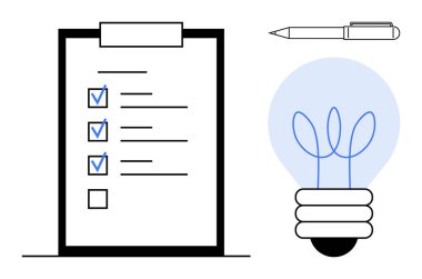 İşaretli kutuları, minimalist kalemleri ve parlayan ampulleri olan bir pano. Organizasyon, yaratıcılık, planlama, üretkenlik, fikir üretmek için ideal. Basit düz metafor