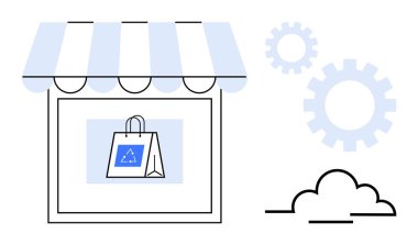 Geri dönüşüm çantası, mavi çizgili tente, vites ve bulut vitesli bir dükkan. E-ticaret, sürdürülebilirlik, yenilik, eko-ticaret lojistiği için ideal yeşil teknoloji. Minimalist tasarım