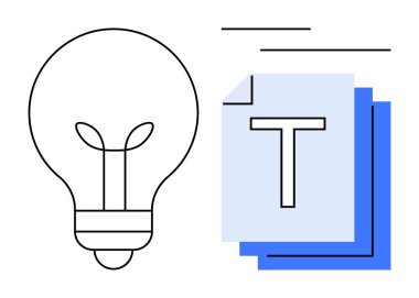Katmanlı metin belgelerinin yanındaki ampul yenilikleri ve içerik oluşumunu simgeliyor. Yaratıcılık, beyin fırtınası, yazı, eğitim, grafik tasarım, teknoloji, basit iniş sayfası için ideal