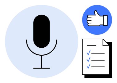 Mikrofon sembolü, baş parmak ikonu ve işaretli kontrol listesi. İletişim, üretkenlik, değerlendirme, içerik oluşturma, işbirliği, basit iniş sayfalarını izleme süreci için ideal