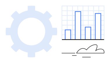 Vites, bar çizelgesi ve bulut elementleri birleşiyor. Teknolojiyi, analitiği, verimliliği, veri yönetimini, ilerleme stratejisini ve yeniliği görselleştirir. Basit düz metafor için ideal