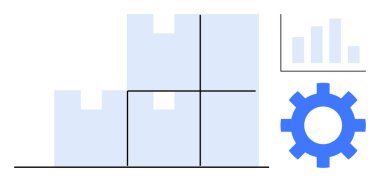 Veri analiz grafiği ve vites simgesiyle istiflenmiş kutular. Lojistik, tedarik zinciri, dağıtım, endüstri, planlama, verimlilik için ideal. Basit düz metafor