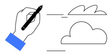 Elinde siyah bir kalem, bulutları çiziyor. Temiz çizgiler ve yaratıcı darbelerle. Yaratıcılık, tasarım, hayal gücü, planlama, beyin fırtınası, minimalizm, sanatsal süreç için idealdir. Basit düz