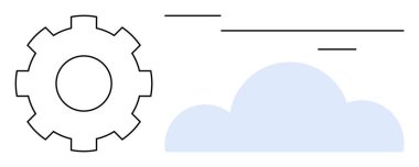 Dinamik çizgilerle bulut şeklinin yanındaki vites simgesi hareketi işaret ediyor. Teknoloji, bulut hesaplama, yenilik, dijital dönüşüm, mühendislik, süreç ve bağlantı için ideal. Basit düz