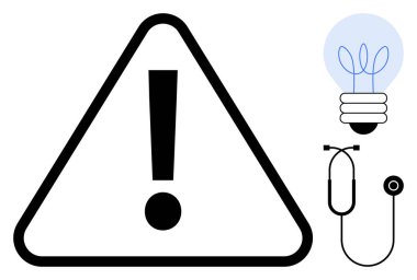 Steteskoplu ve ampullü bir üçgende ünlem işareti güvenlik farkındalığı, sağlık uyarısı, acil durum, fikirler, problem çözme, yenilik ve sağlık hizmetleri, basit düz metafor.