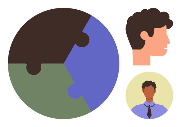 Globe-shaped puzzle pieces in brown, blue, and green paired with diverse head profiles highlight teamwork, collaboration, unity, and diversity. Ideal for connectivity, human resources, leadership
