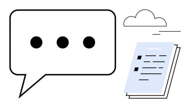 Elipsli konuşma balonu ve yüzen bir bulut altında yığınla belge. İletişim, mesajlaşma, içerik paylaşımı, takım çalışması, bulut depolama, işbirliği, basit düz metafor